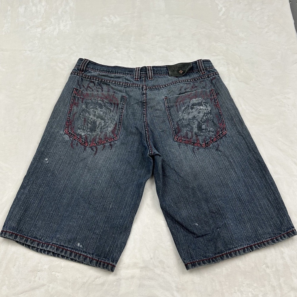 Affliction Denim Shorts Mens 38 Blue Red Stitch Skull Graphic Y2K Streetwear